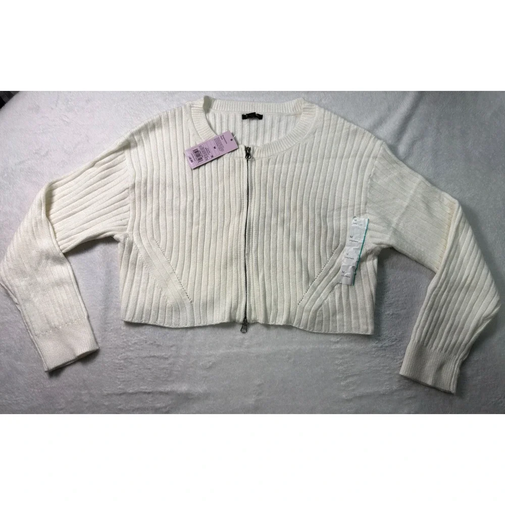 Wild Fable Women Cream Ribbed‎ Cropped Zipper Sweater Size M